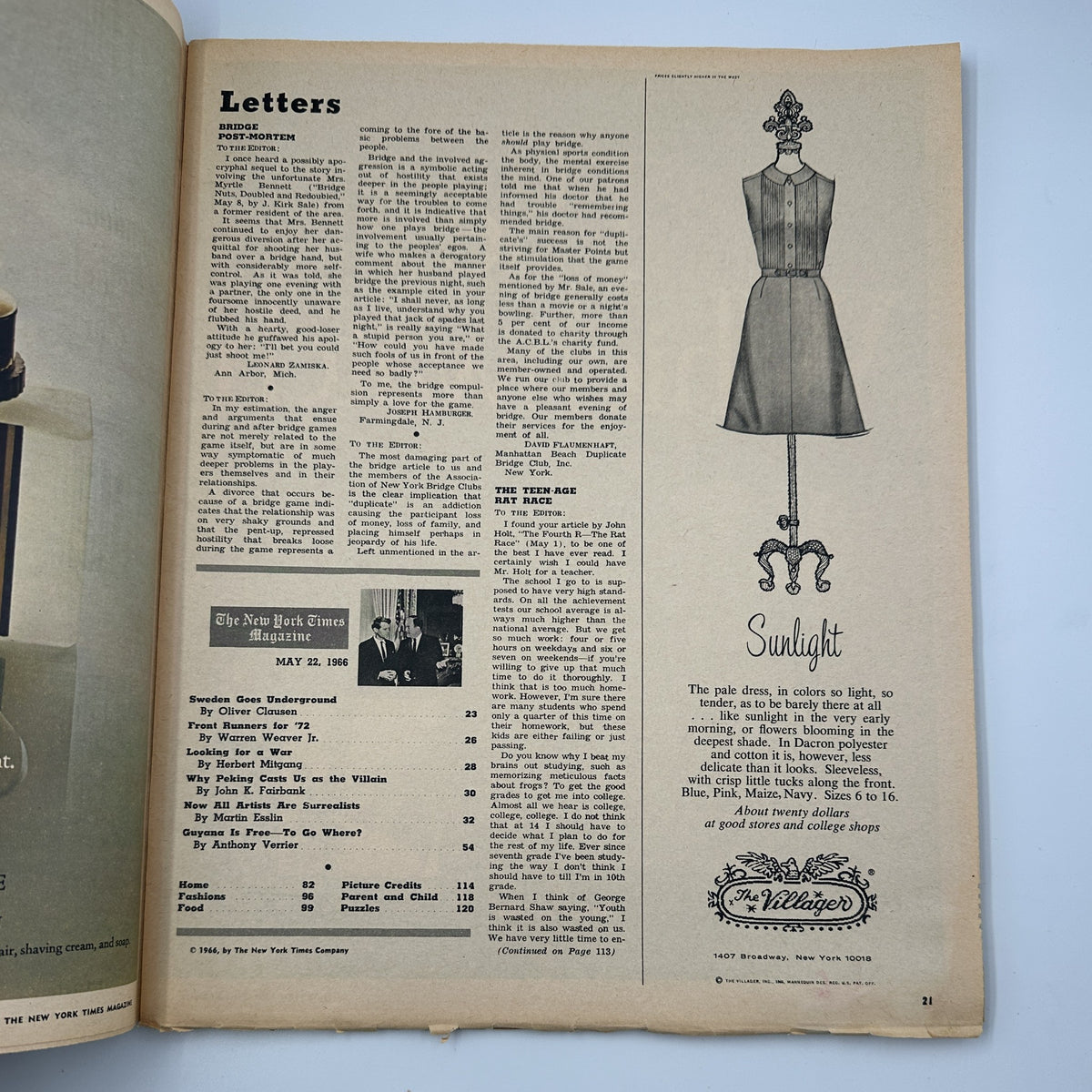 Interior page from The New York Times Magazine, May 22, 1966, showcasing letters to the editor, with a section dedicated to various articles including a piece on Sweden.