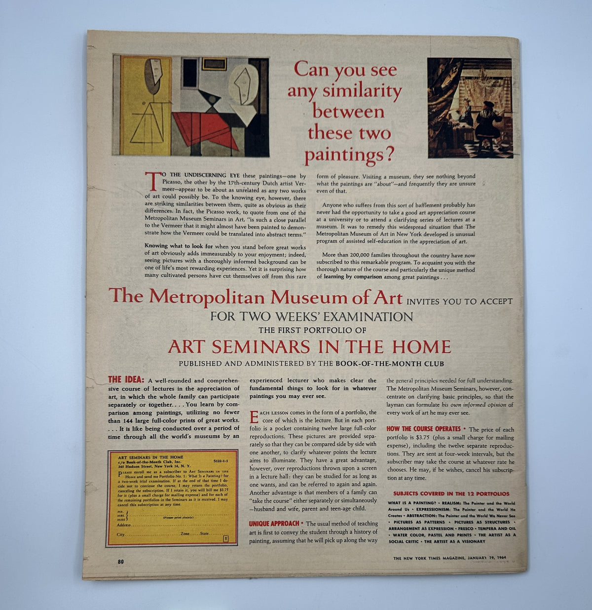 The New York Times Magazine January 19, 1964 Water for the Negev Israel Cover, featuring an advertisement for the Metropolitan Museum of Art inviting guests to accept art seminars in the home, with a visual comparison of two paintings.