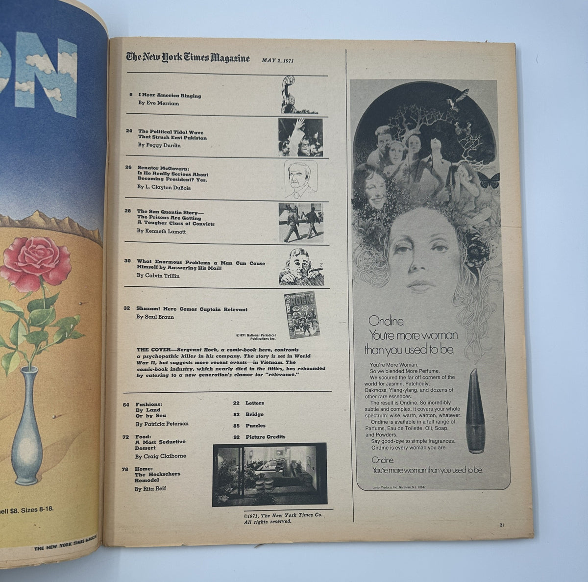 Interior page from The New York Times Magazine dated May 2, 1971, displaying the Table of Contents alongside an advertisement, enhancing page aesthetics and readability.