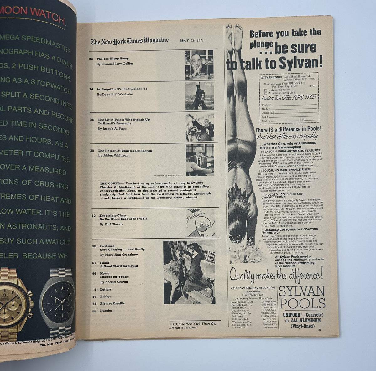 The New York Times Magazine May 23, 1971 featuring an article on Charles Lindbergh, showcasing the magazine's Table of Contents and advertisements.