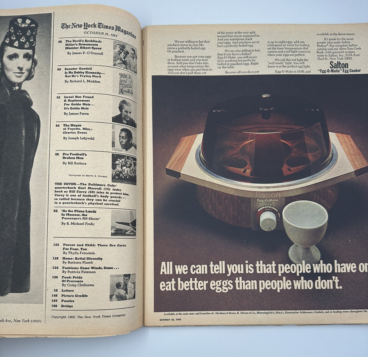 An interior page of The New York Times Magazine from October 26, 1969, including the table of contents and an advertisement for the Salton egg cooker, illustrating a vintage magazine layout.