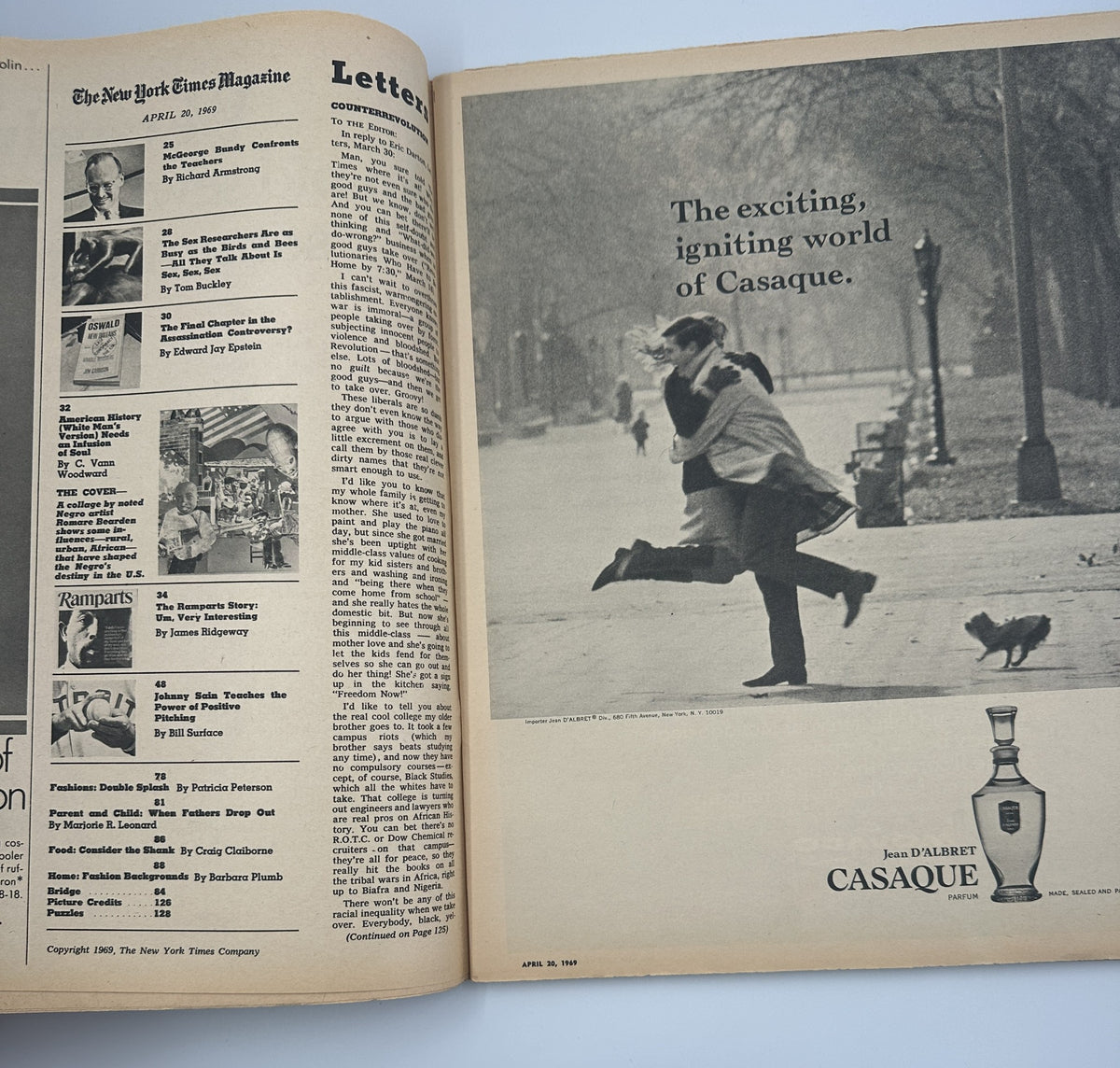 An interior page of The New York Times Magazine April 20, 1969 featuring the letters section and an advertisement for Casaque, showcasing a couple in an embrace.