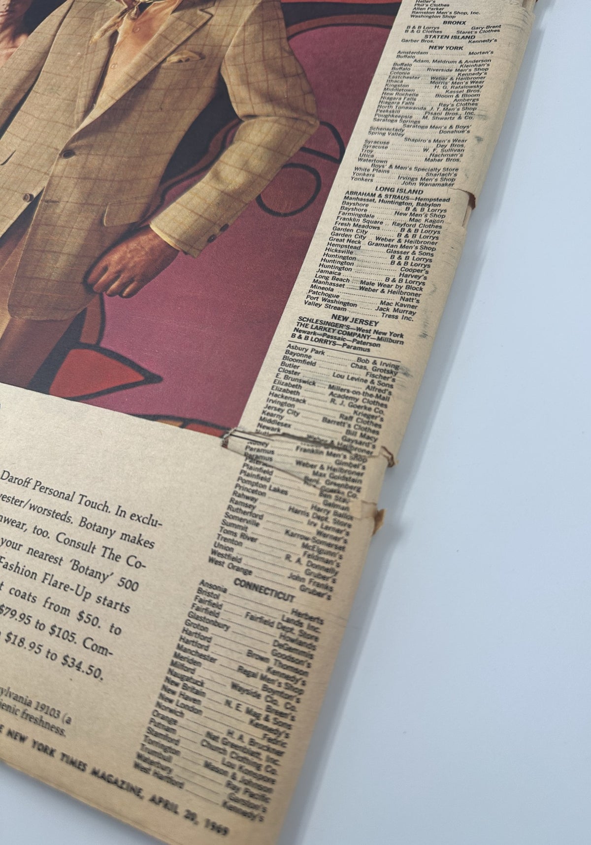 An interior detail of The New York Times Magazine April 20, 1969 highlighting a fashion advertisement for tailored suits by Daroff with detailed listings.