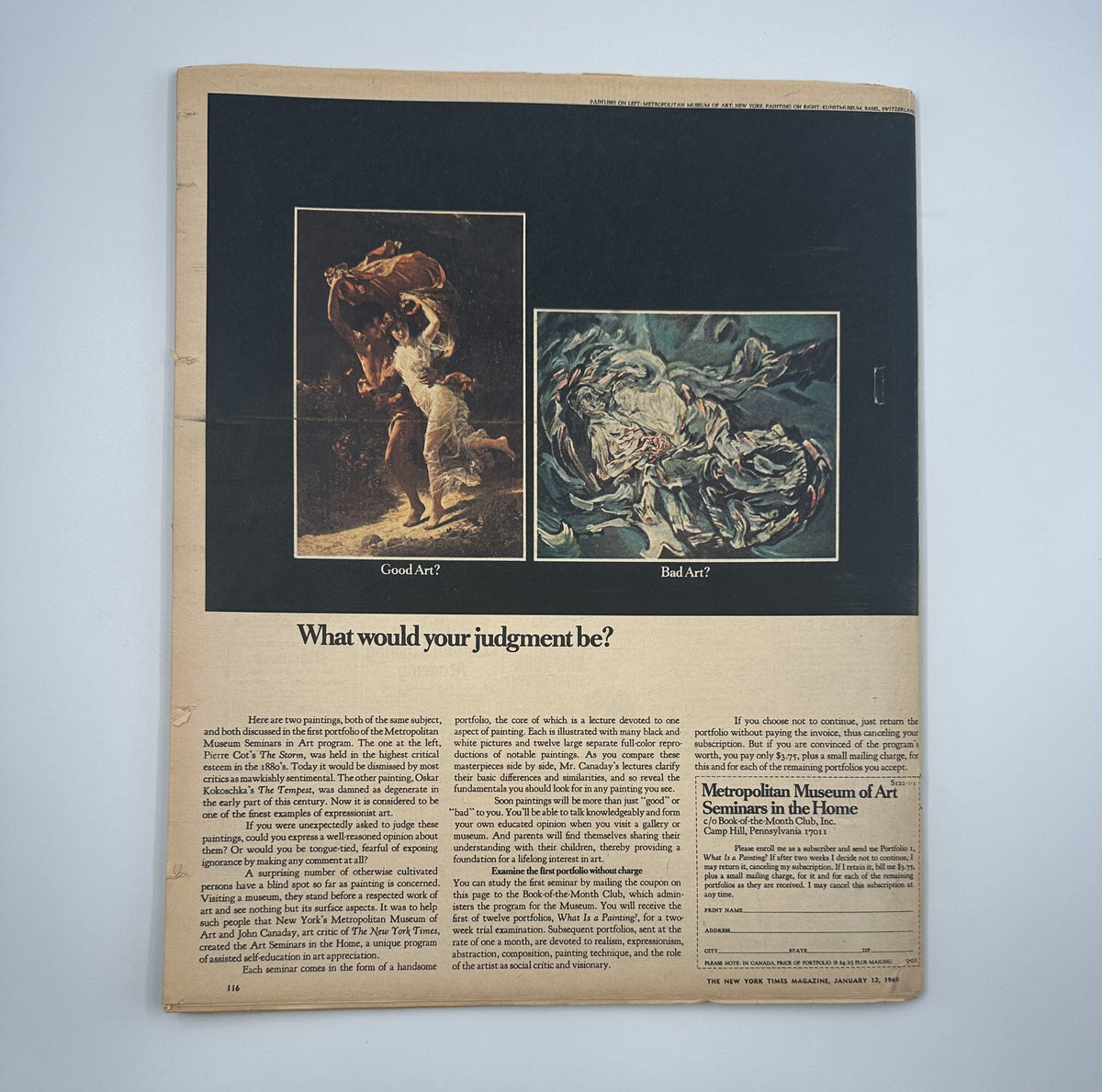 Back cover of The New York Times Magazine January 12, 1969, featuring an art comparison prompt alongside advertisements, reflecting on the artistic discussions of the time.