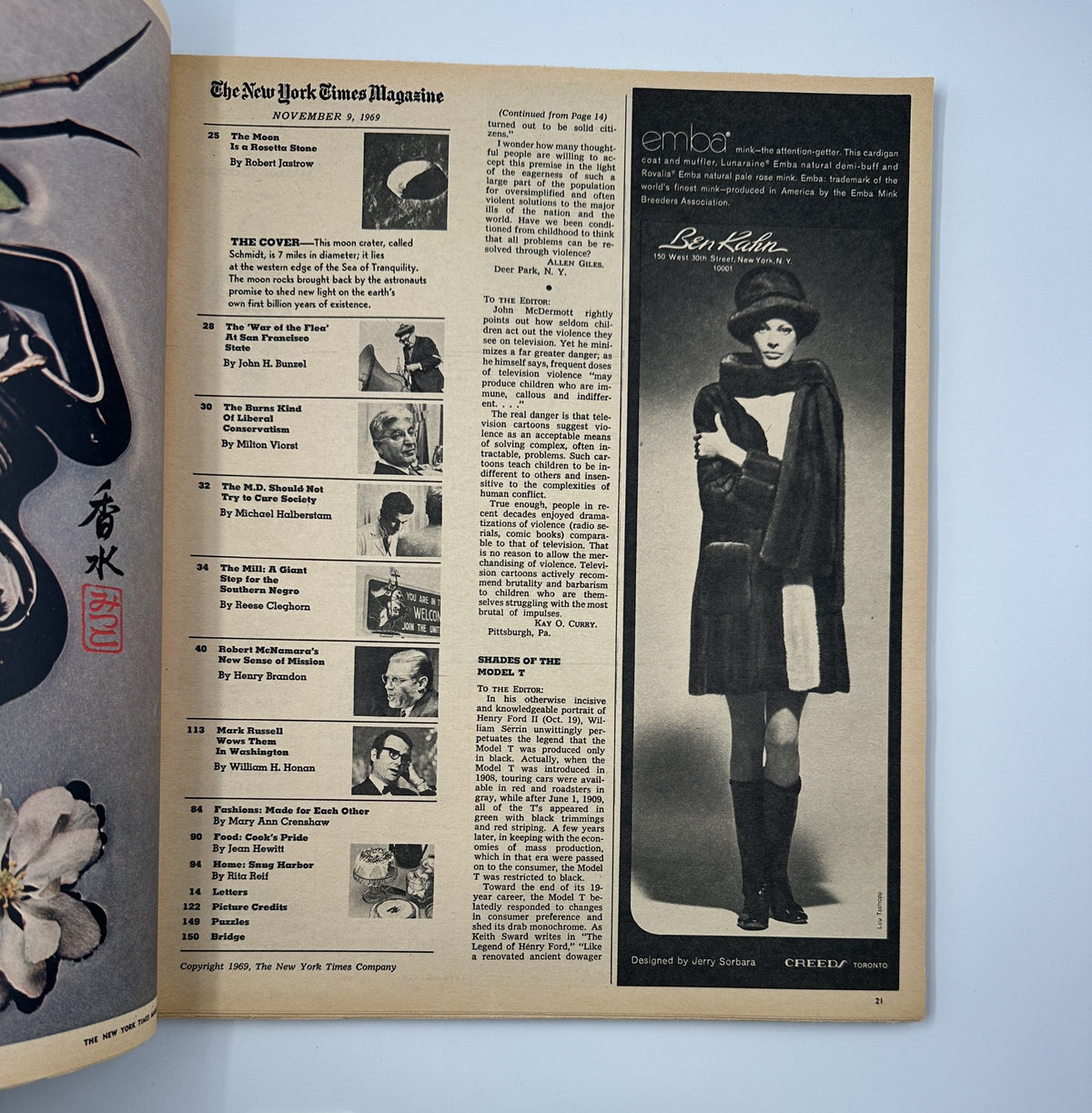 Interior page of The New York Times Magazine, November 9, 1969, showcasing the Table of Contents. This page includes article titles and authors, highlighting 'The Moon Is A Rosetta Stone' by Robert Jastrow.