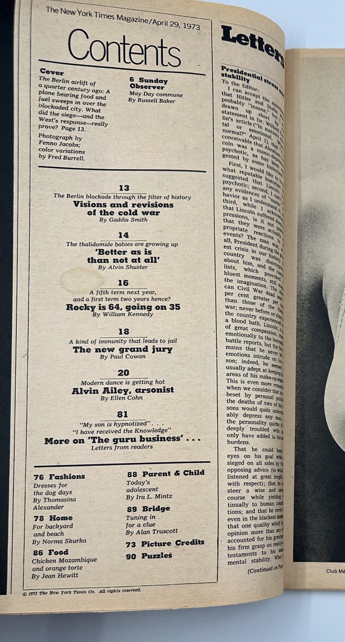 Contents page of The New York Times Magazine from April 29, 1973, listing articles including 'The Berlin blockade through the filter of history' and other features.