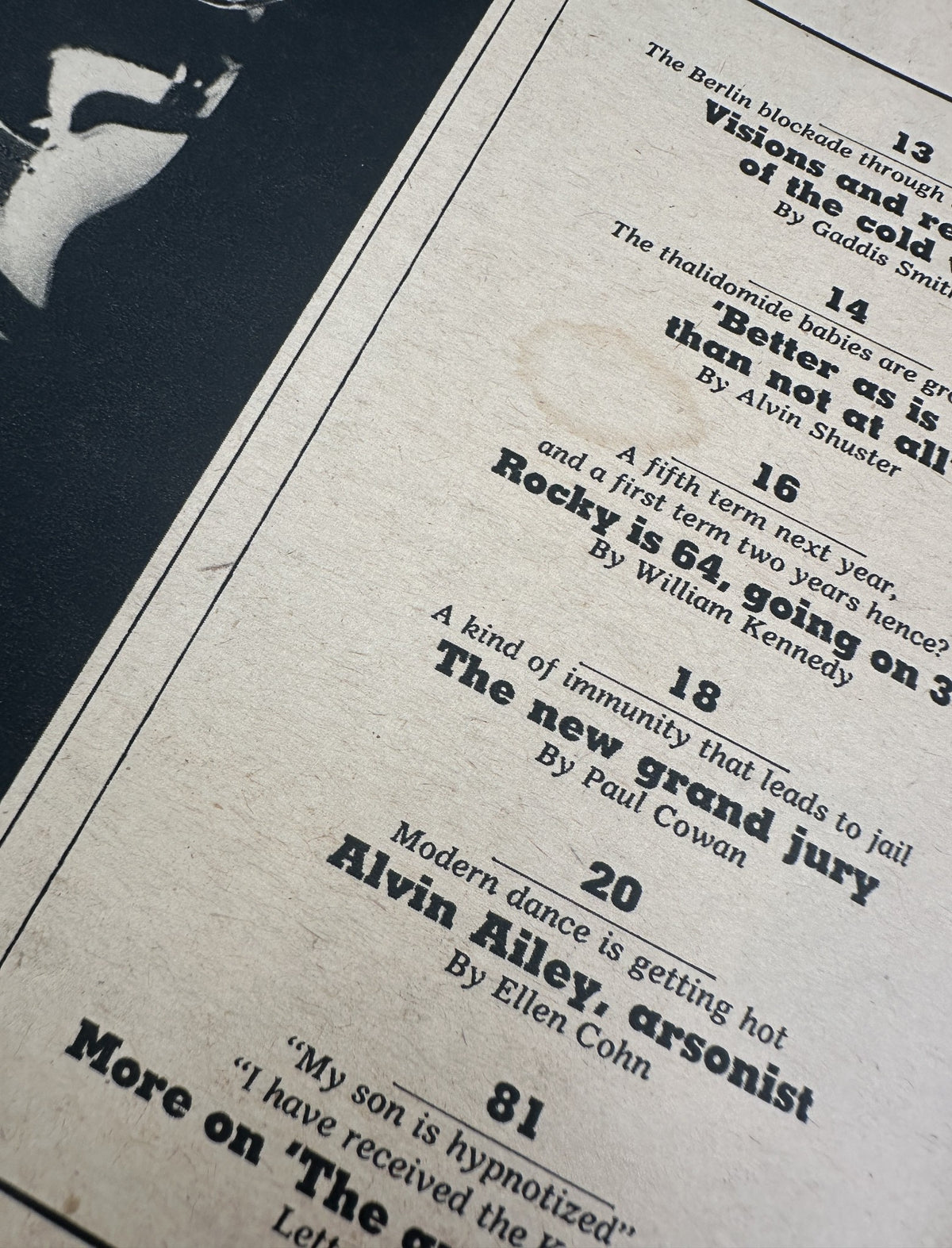 Table of contents page from The New York Times Magazine April 29, 1973 featuring articles about the Berlin blockade and other topics.