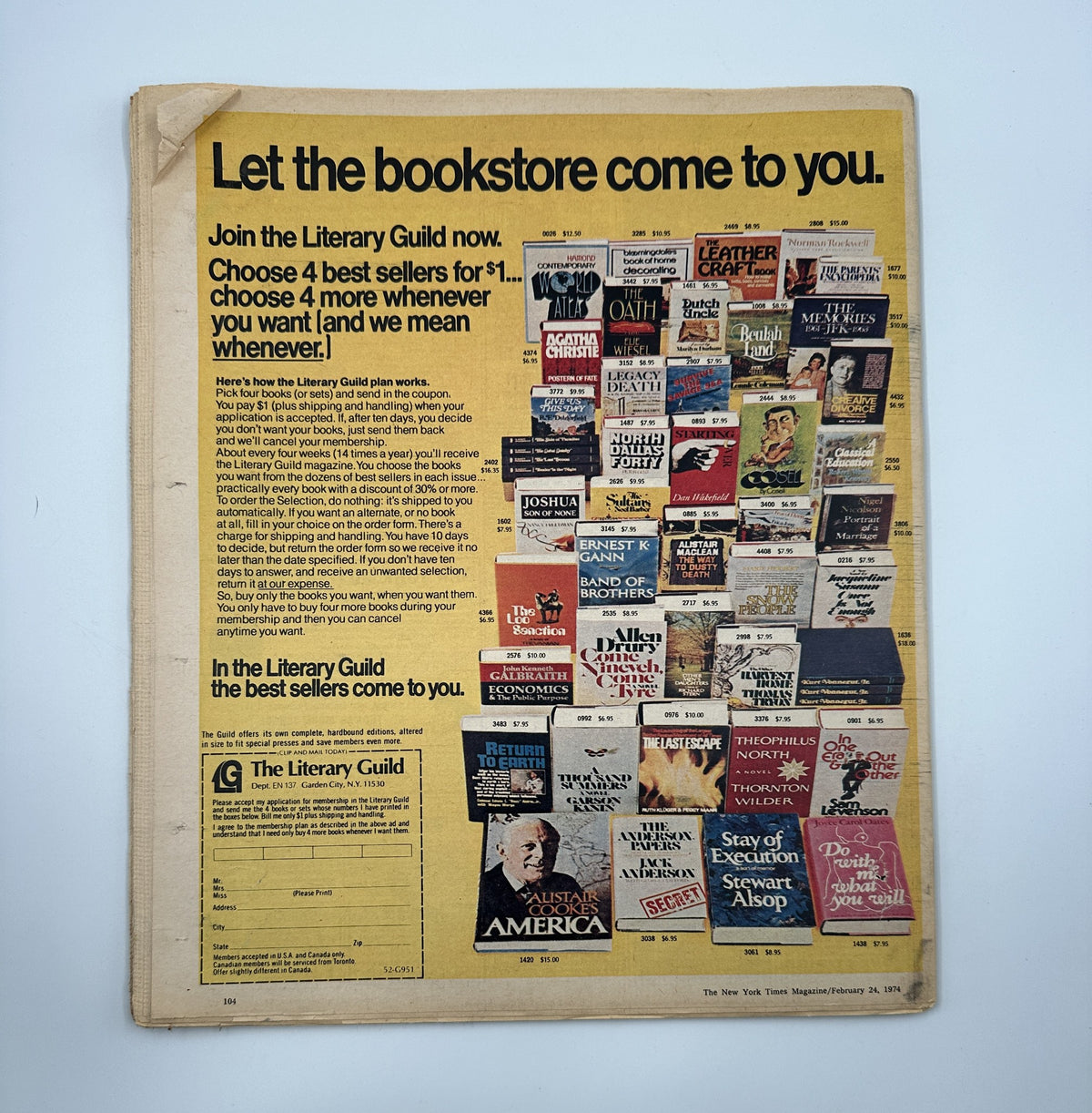 Back cover of The New York Times Magazine February 24, 1974 promoting the Literary Guild membership with offers for best seller books.