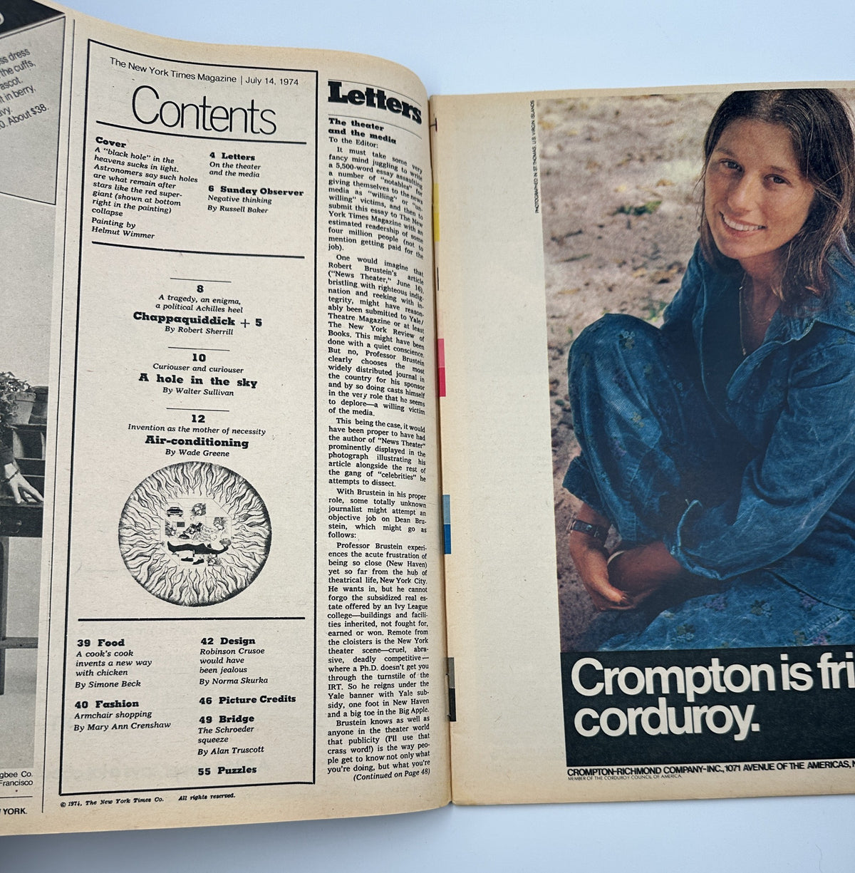 Interior page from The New York Times Magazine July 14, 1974 displaying the Table of Contents, featuring articles such as 'Chappaquiddick' and 'A hole in the sky'.
