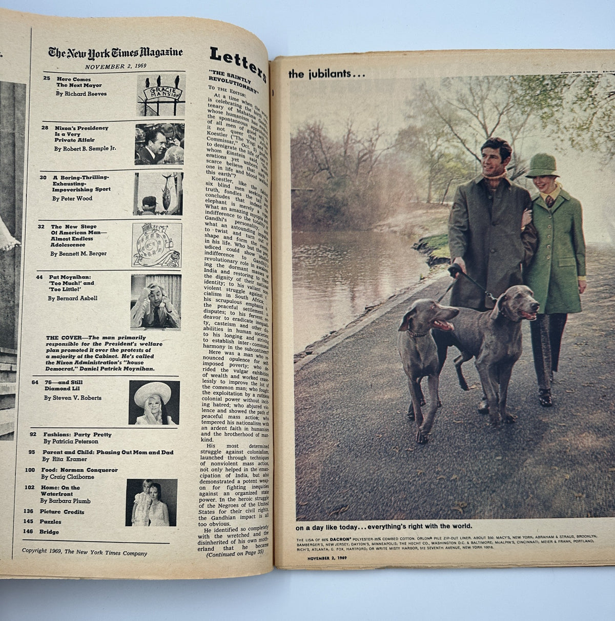An open spread from The New York Times Magazine November 2, 1969, showcasing letters to the editor and a feature titled 'the jubilants...' with a couple walking two dogs, surrounded by nature.