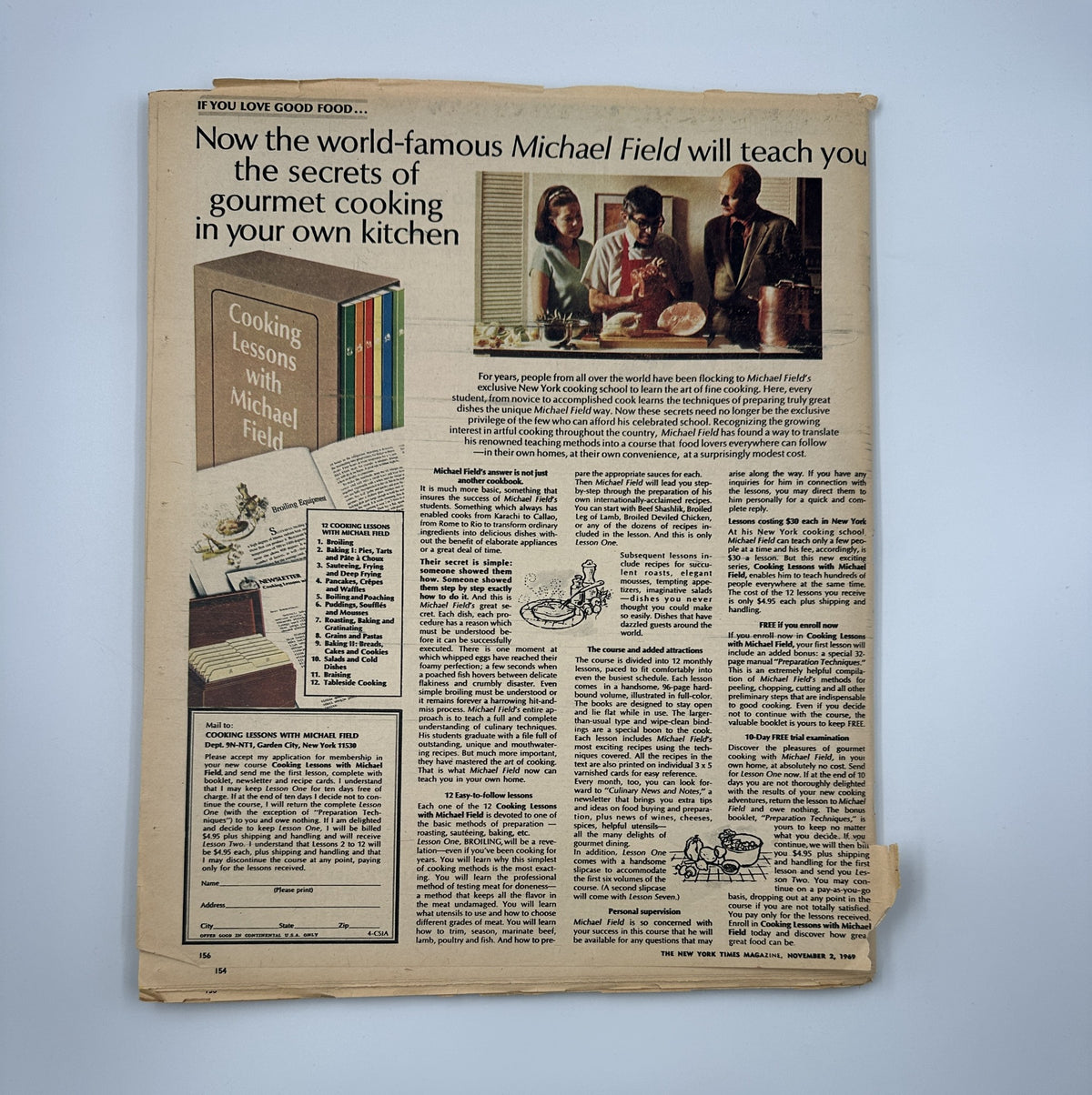 Cooking article page from The New York Times Magazine November 2, 1969, offering gourmet cooking lessons by Michael Field, featuring tips and recipes for readers who love to cook.