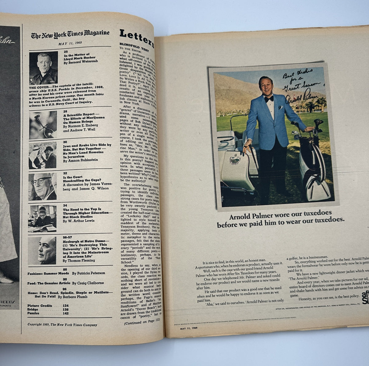 Interior page of The New York Times Magazine from May 11, 1969 showcasing letters to the editor and a full-page advertisement featuring Arnold Palmer.