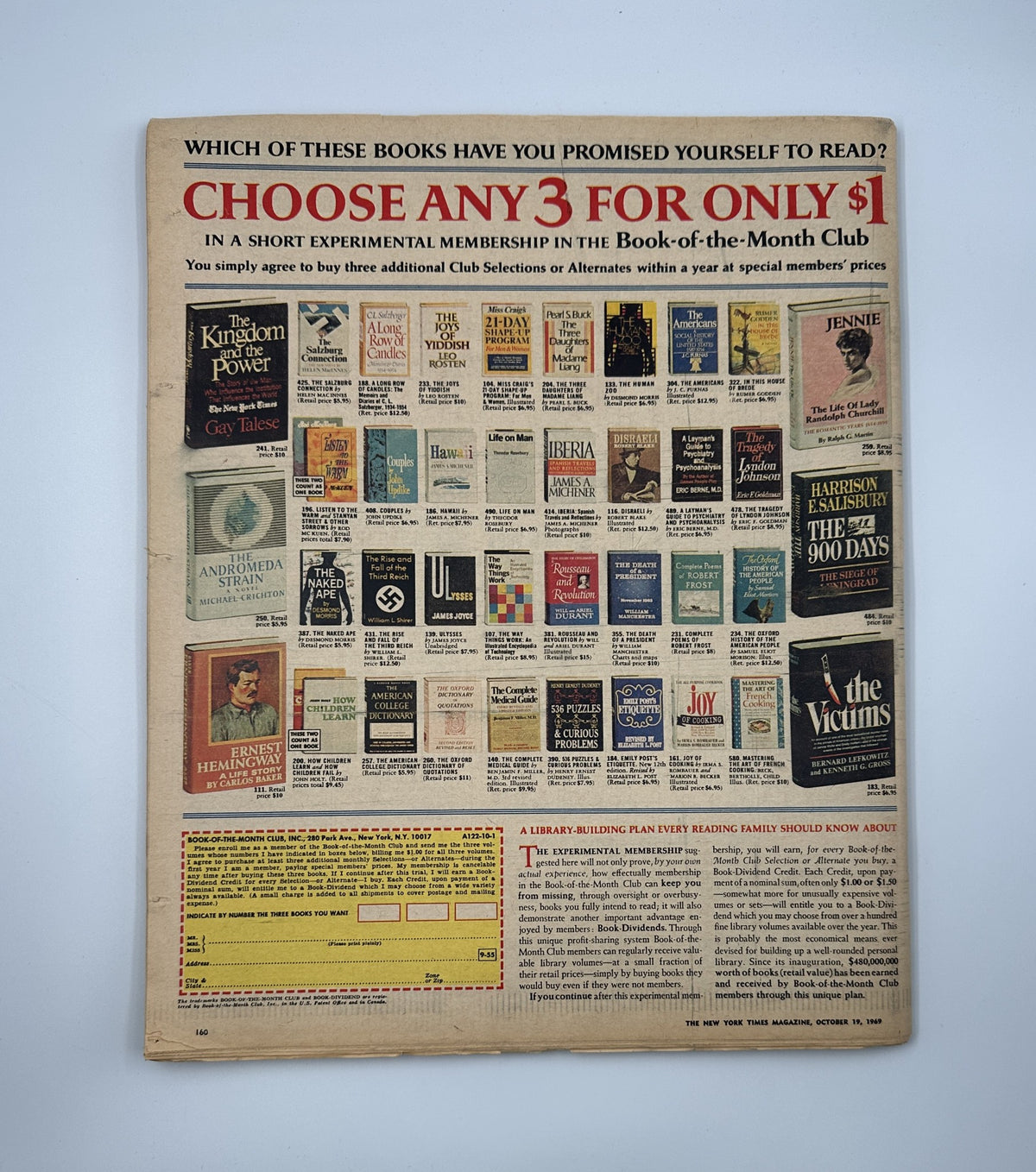 Back cover of The New York Times Magazine, October 19, 1969 featuring advertisements and a promotional offer for book subscriptions.