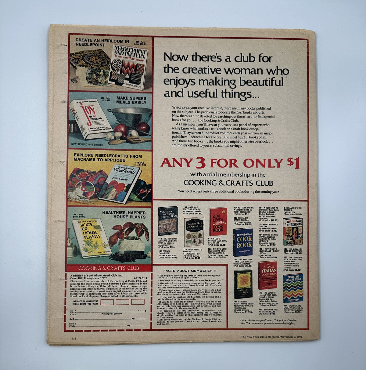 The back cover of The New York Times Magazine from November 9, 1975, featuring an advertisement for a creative Cooking & Crafts Club, promoting membership offers for crafting enthusiasts.