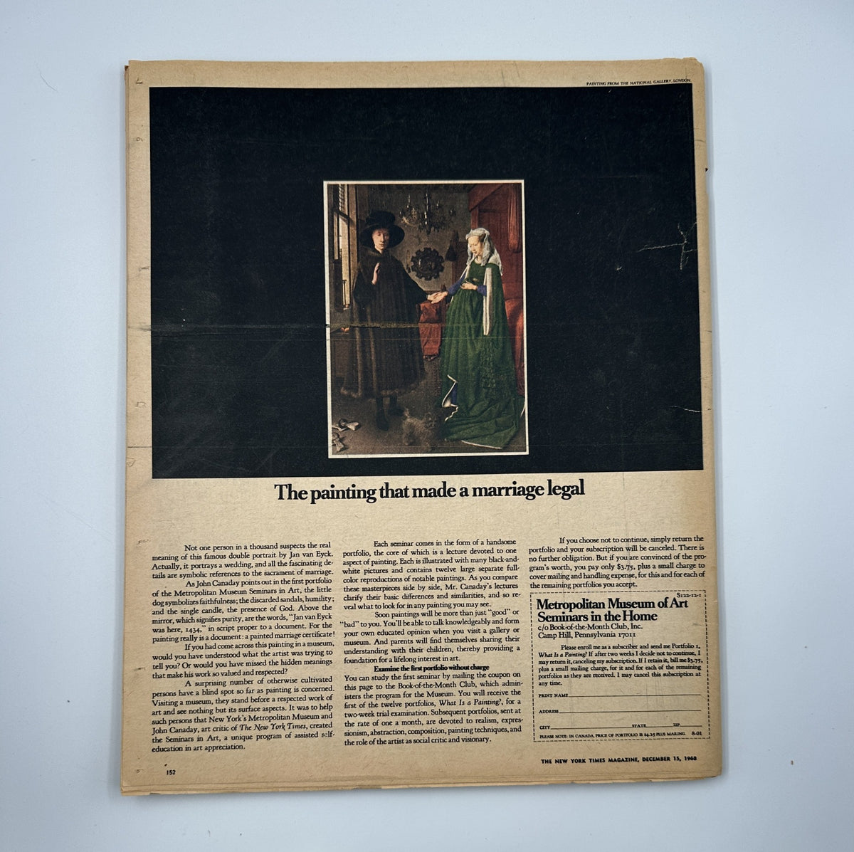 An article from The New York Times Magazine dated December 15, 1968, featuring a painting that discusses the legal aspects of marriage. The visual aspect includes a historic artwork representation, conveying the theme of marriage legality.