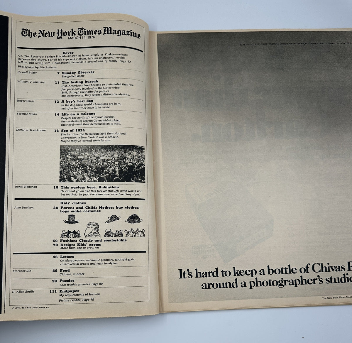 Inside page of The New York Times Magazine, March 14, 1976, displaying the Table of Contents with articles including 'Sunday Observer' and 'Kids' clothes'.