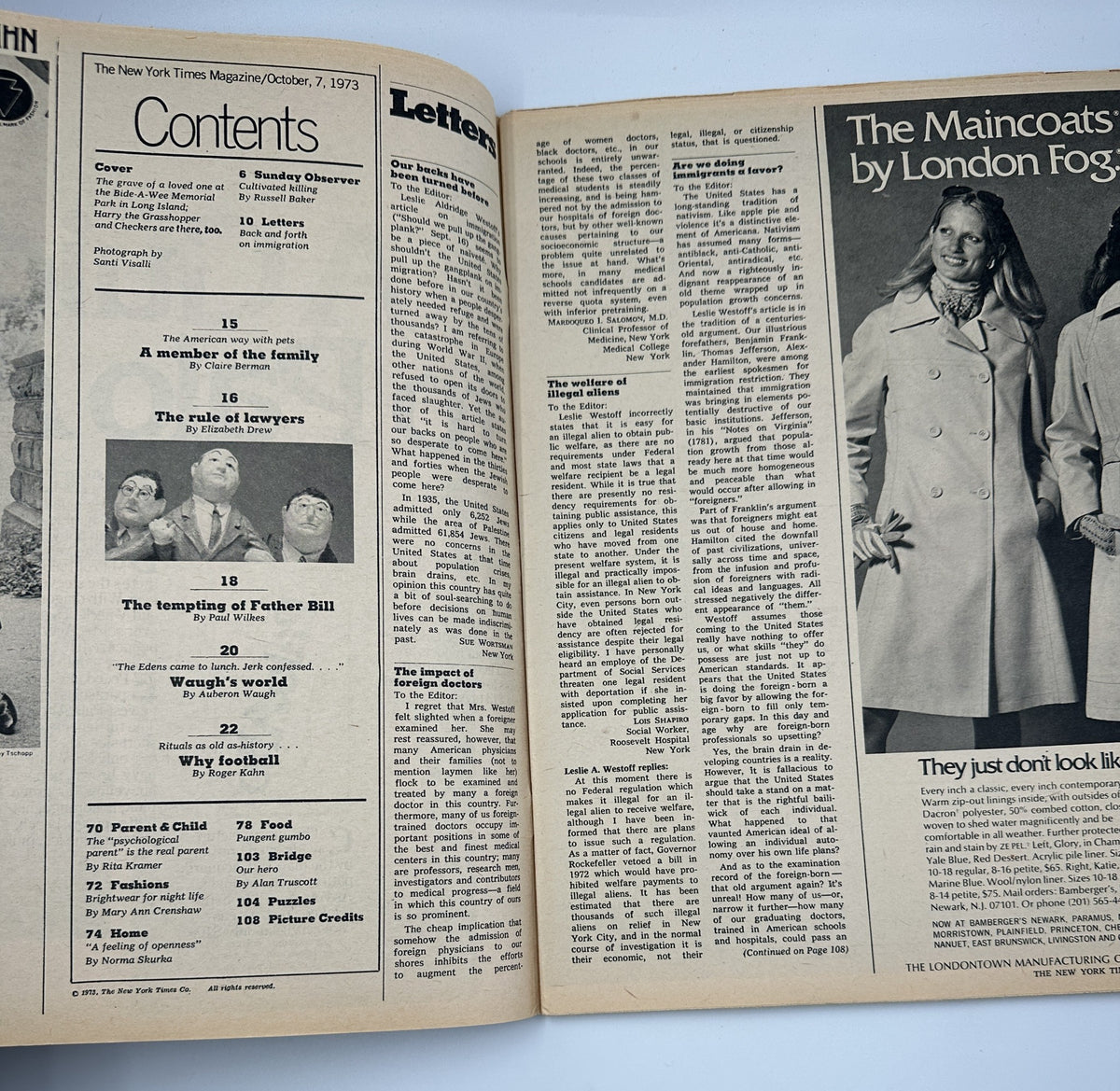 The interior page of The New York Times Magazine from October 7, 1973, displaying the Table of Contents. Features the section titled 'A Member of the Family', along with other contents like 'The role of lawyers' and 'The tempting of Father Bill'.