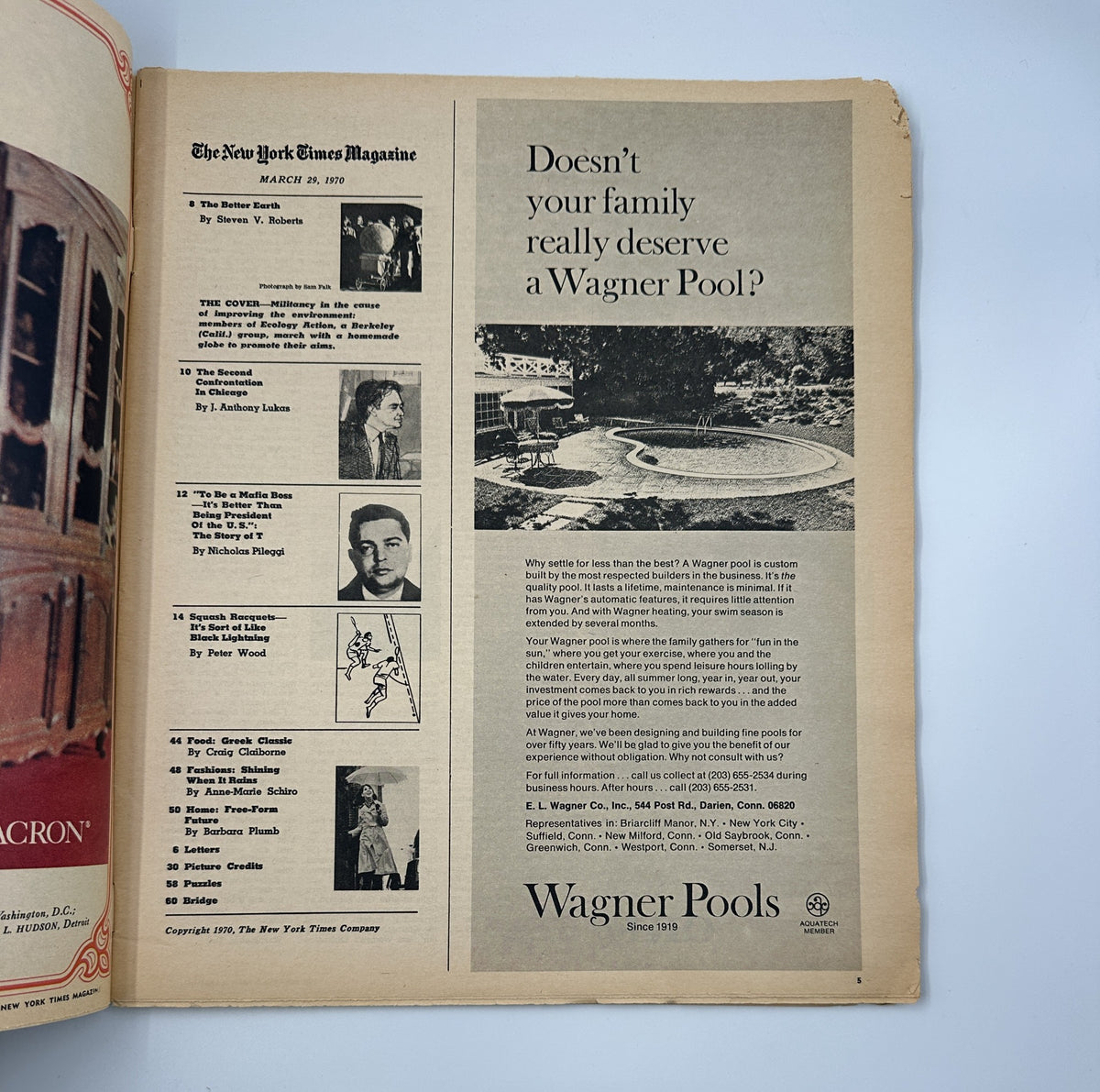 Interior page of The New York Times Magazine from March 29, 1970, displaying the Table of Contents and an advertisement for Wagner Pools, emphasizing family leisure and outdoor enjoyment.