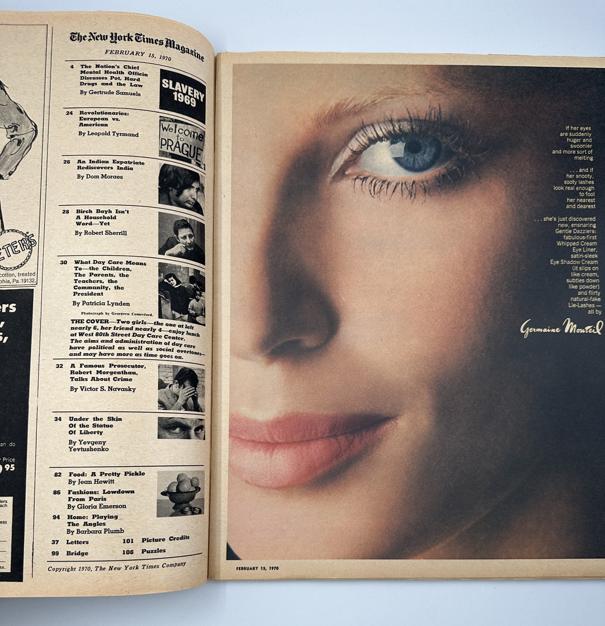 Cover image of The New York Times Magazine from February 15, 1970, featuring a close-up portrait of a woman with striking blue eyes. The magazine discusses topics including daycare and features a table of contents list for the issue.