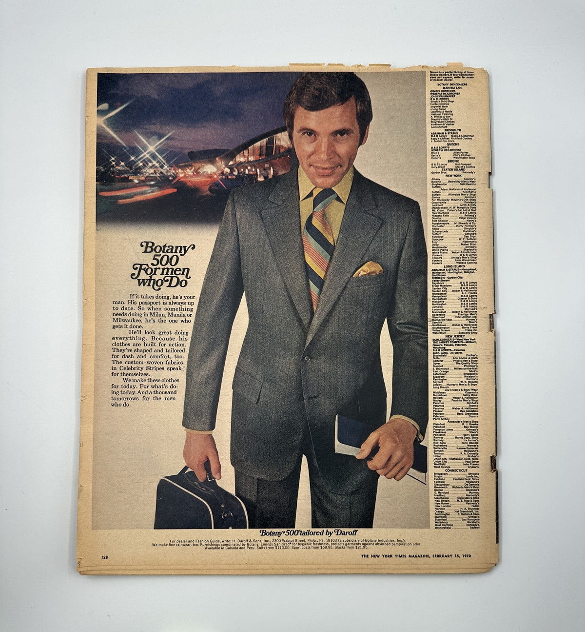 Back cover of The New York Times Magazine February 15, 1970, showcasing a man in a stylish suit holding a briefcase. The advertisement promotes Botany 500, highlighting the fashion of the era.