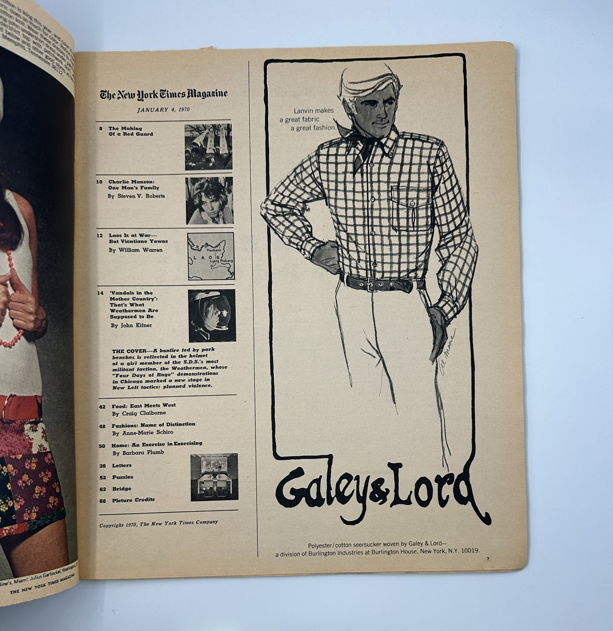 Interior page of The New York Times Magazine January 4, 1970 showcasing an advertisement for Galeys & Lord, featuring a fashion illustration of a man in a checked shirt, representing fashion trends from the period.