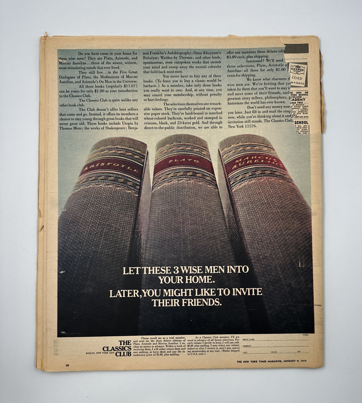 Back cover of The New York Times Magazine January 4, 1970 featuring a humorous advertisement for The Classics Club, depicting three books labeled 'Capitol' with the text 'Let these 3 wise men into your home. Later, you might like to invite their friends.'.