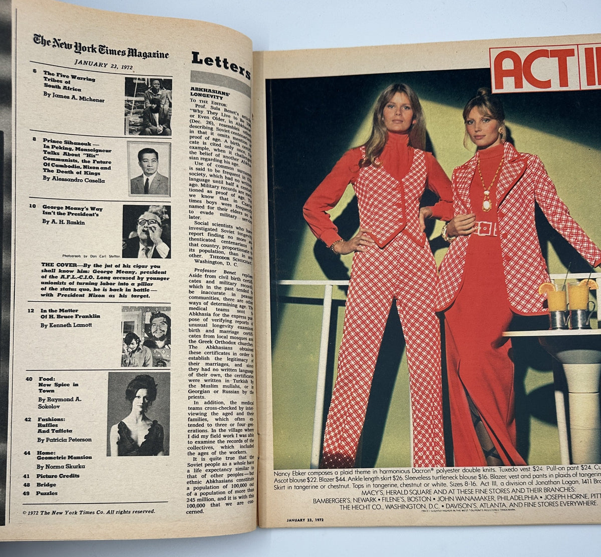 Inside spread of The New York Times Magazine from January 23, 1972 showcasing fashion with models in red and white checkered outfits, illustrating the style trends of the early 1970s.