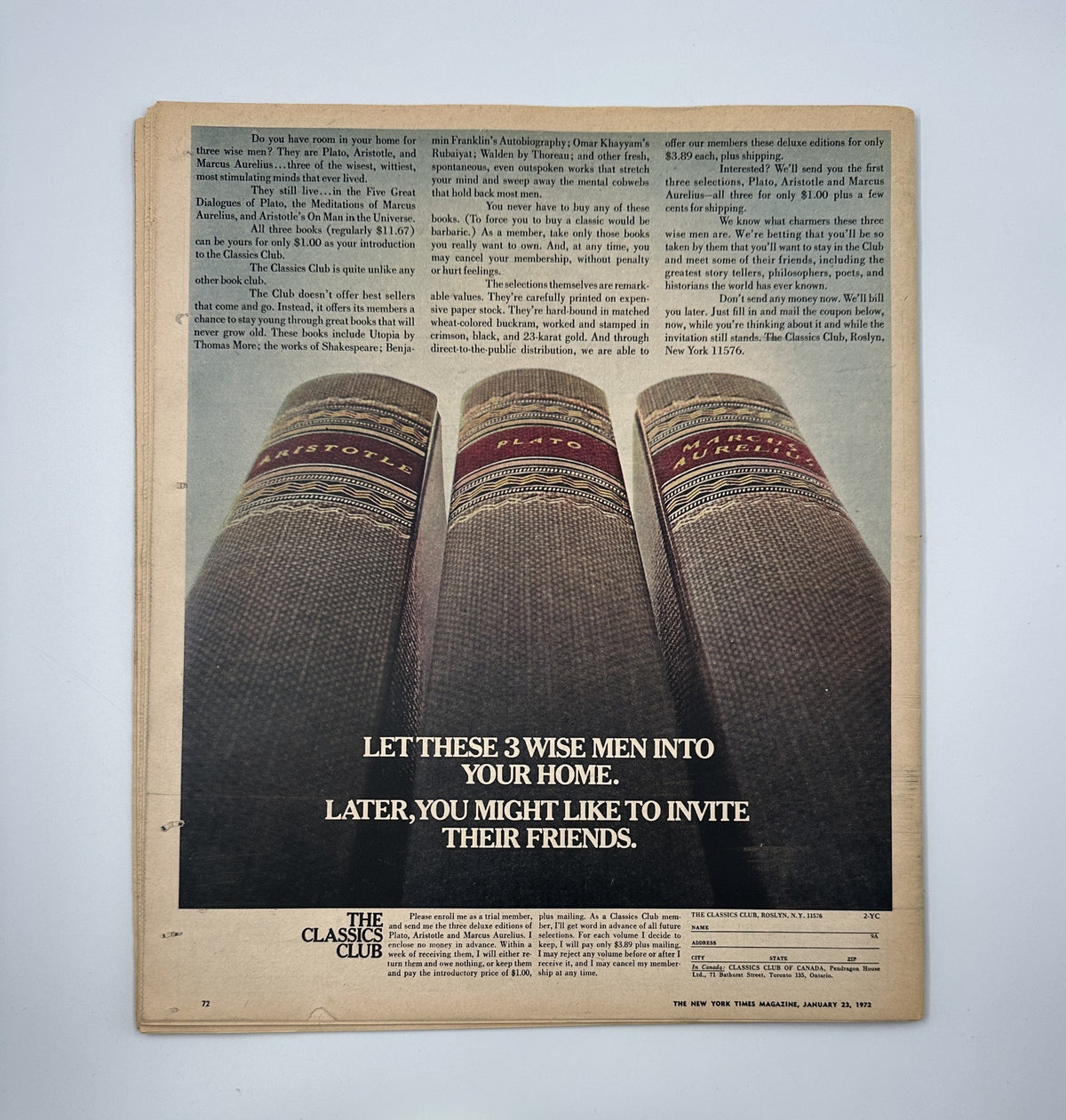 Back page of The New York Times Magazine from January 23, 1972 displaying a promotional advertisement featuring three books by Plato, inviting readers to immerse themselves in philosophical discussions.