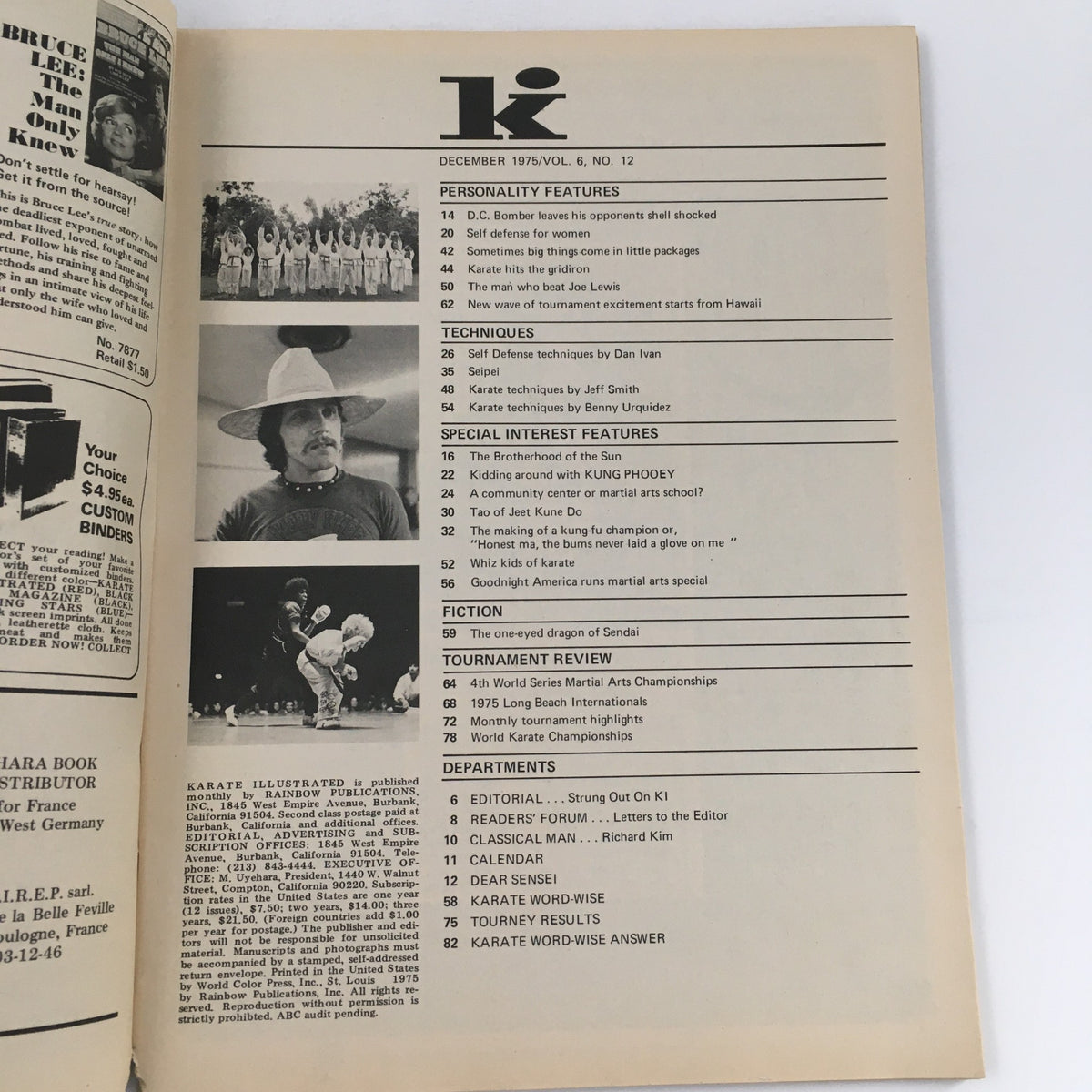 Table of contents page from Karate Illustrated Magazine December 1975 Vol 6 #12 detailing articles on martial arts techniques and features.