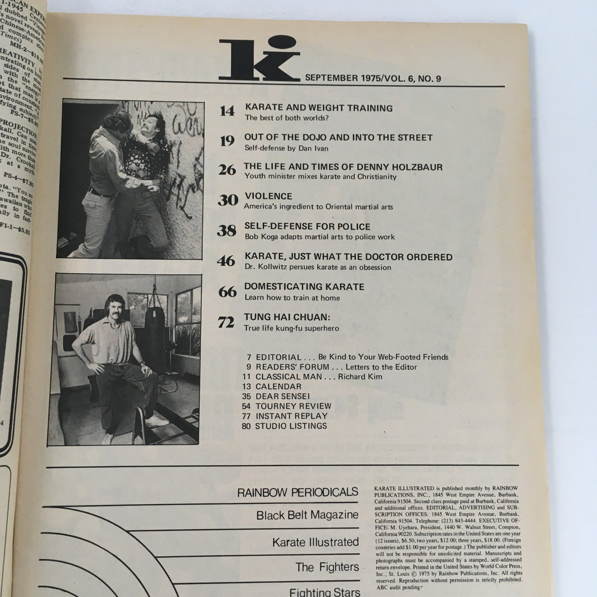 Table of contents from Karate Illustrated Magazine September 1975 Vol 6 #9 featuring articles on karate techniques and martial arts history.
