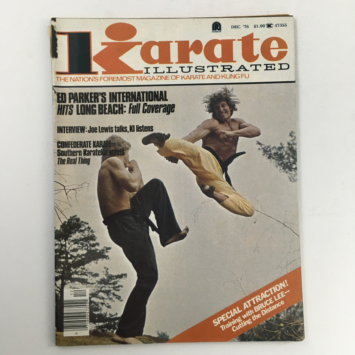 Cover of Karate Illustrated Magazine December 1976 Vol 7 #12 featuring martial artists in action. Highlights include interviews with Joe Lewis and coverage of Ed Parker's International event.