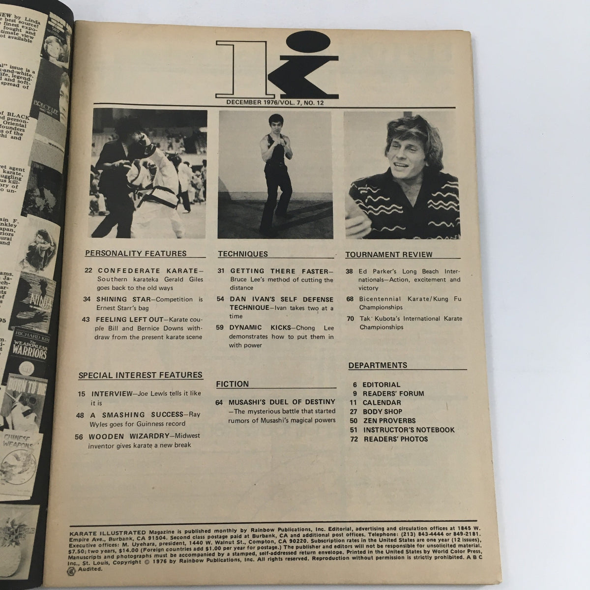 Interior page of Karate Illustrated Magazine December 1976 Vol 7 #12 featuring article titles and features including Ed Parker's international karate tournaments and techniques.