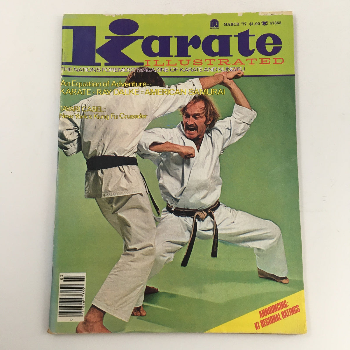 Cover of Karate Illustrated Magazine March 1977 Vol 8 #3 featuring Ray Dalke and Tayari Casel, showcasing martial arts action with karate fighters demonstrating techniques.