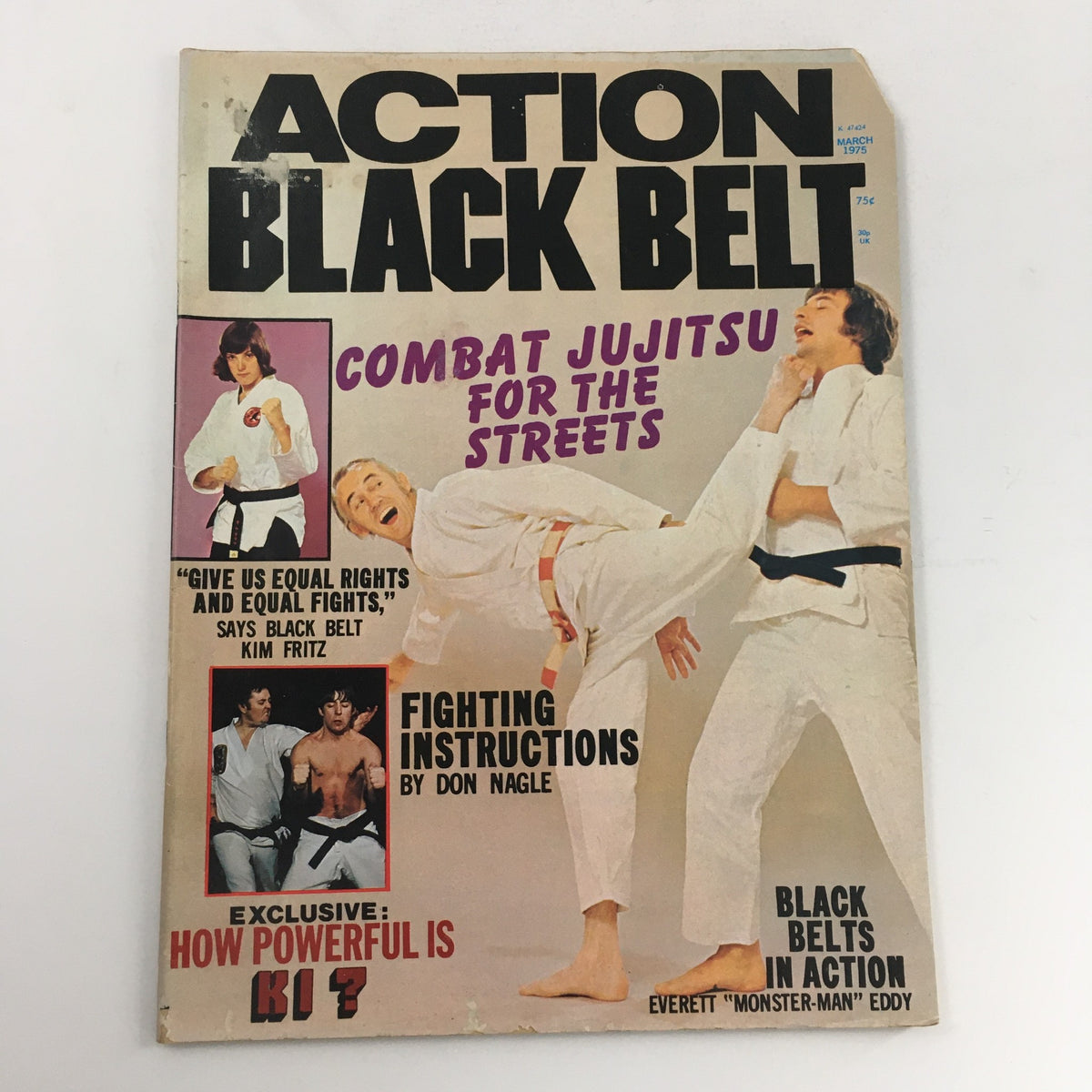 Cover of Action Black Belt Magazine March 1975 Vol 1 #5 featuring Kim Fritz and Everett Eddy, highlighting combat jujitsu techniques, martial arts training, and black belts in action.