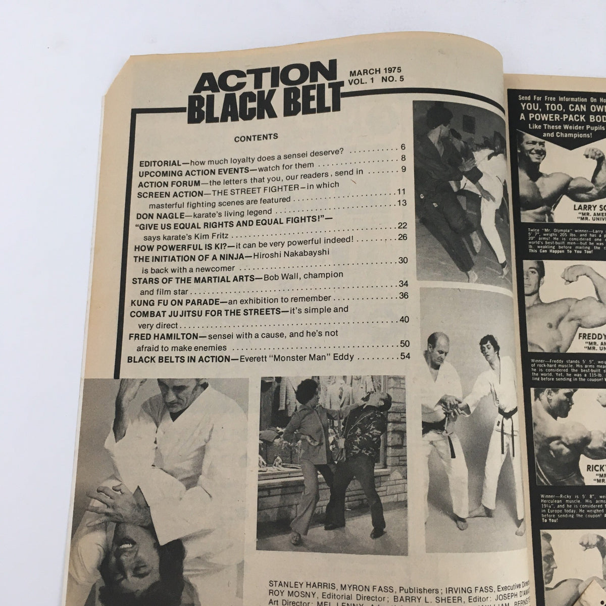 Contents page from Action Black Belt Magazine March 1975, Vol 1 #5 featuring articles on martial arts, including contributions from Kim Fritz and Everett Eddy.