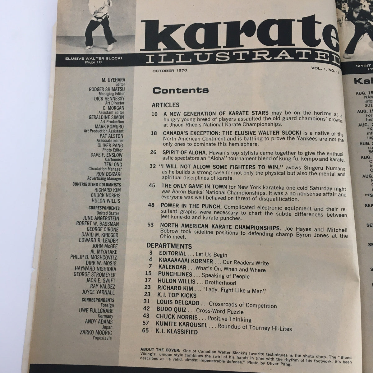 Table of contents page from Karate Illustrated Magazine October 1970 Vol 1 #11, detailing articles and features related to karate, including contributions from Wally Slocki and Shigeru Numano.