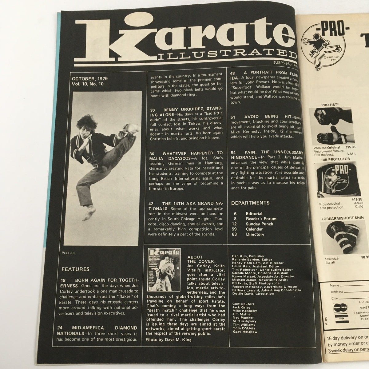 Interior page of Karate Illustrated Magazine October 1979, Vol 10 #10 showcasing articles including 'Benny Urquidez: Standing Alone' and various features from the magazine.