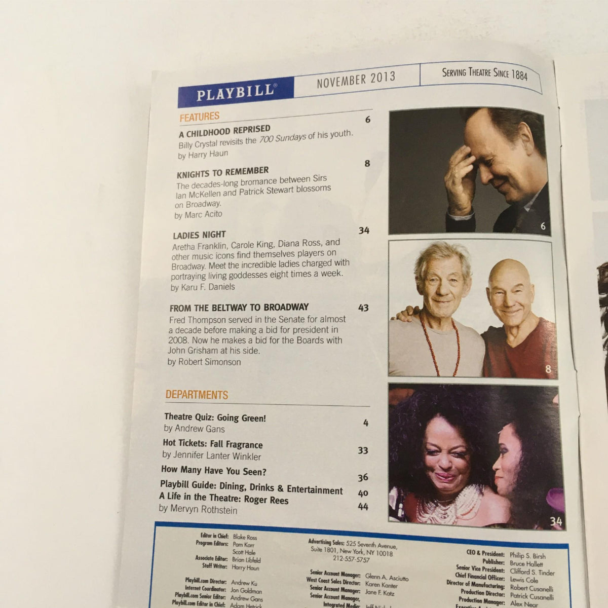 Inside page of the November 2013 Playbill, showcasing features and articles related to theater, including a section titled 'A Childhood Reprised' by Kerry Harris.
