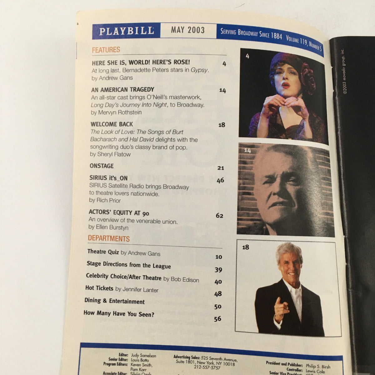 Inside page of the May 2003 Playbill showcasing features and articles related to Broadway productions, including a highlight on Enchanted April.