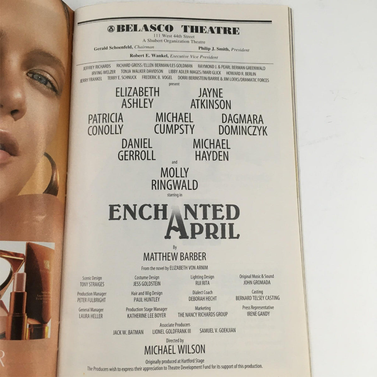 Credits page from the 2003 Playbill for Enchanted April, listing the cast and creative team including Matthew Barber and Michael Wilson.