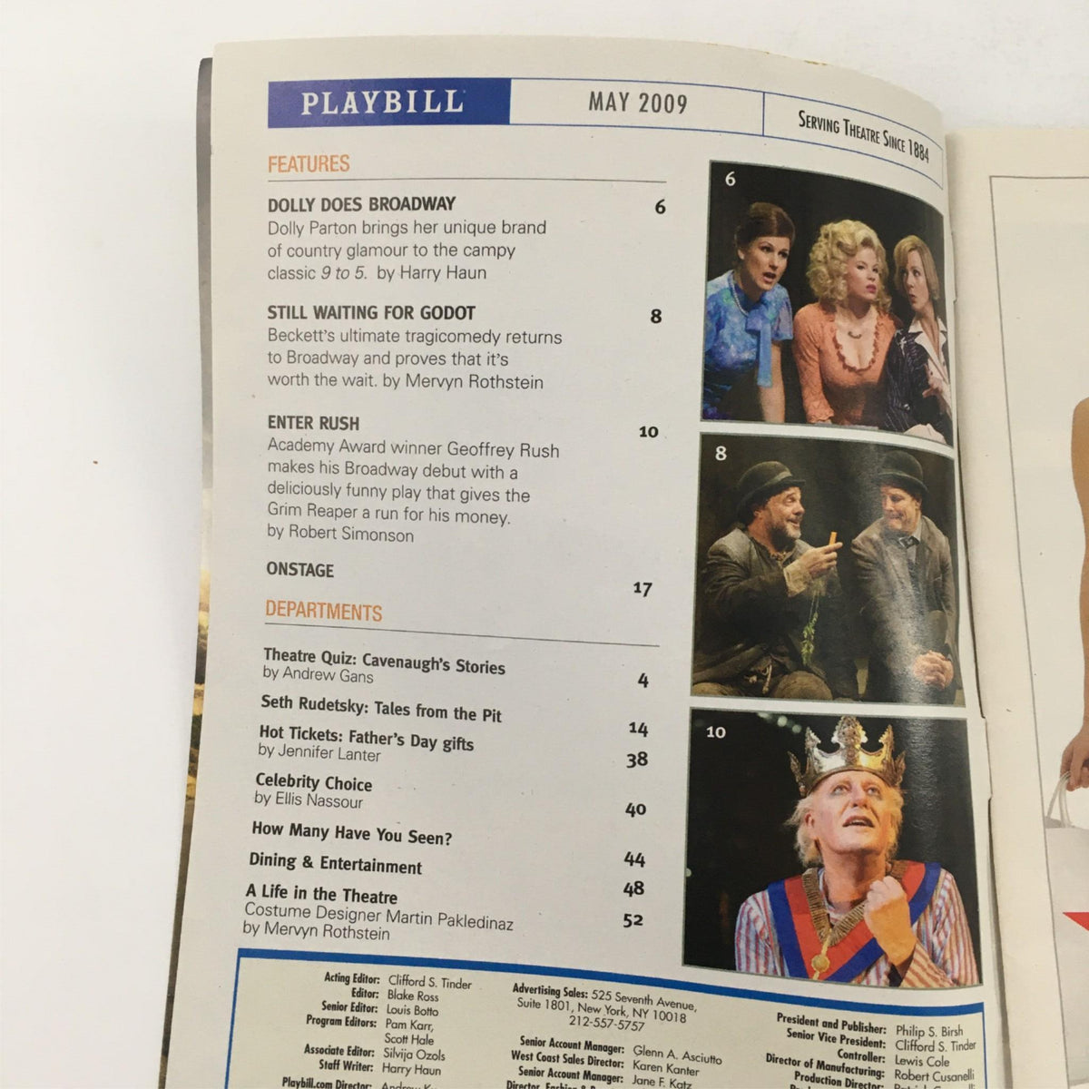 Inside pages of the May 2009 Playbill for Exit the King, showcasing features and advertisements related to theater and performances.