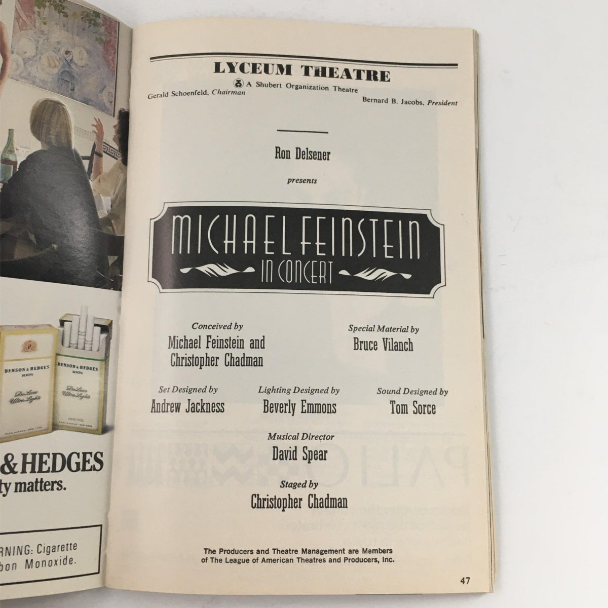 Program details page from the 1988 Playbill for Michael Feinstein in Concert, outlining credits including creative members and production staff at the Lyceum Theatre.