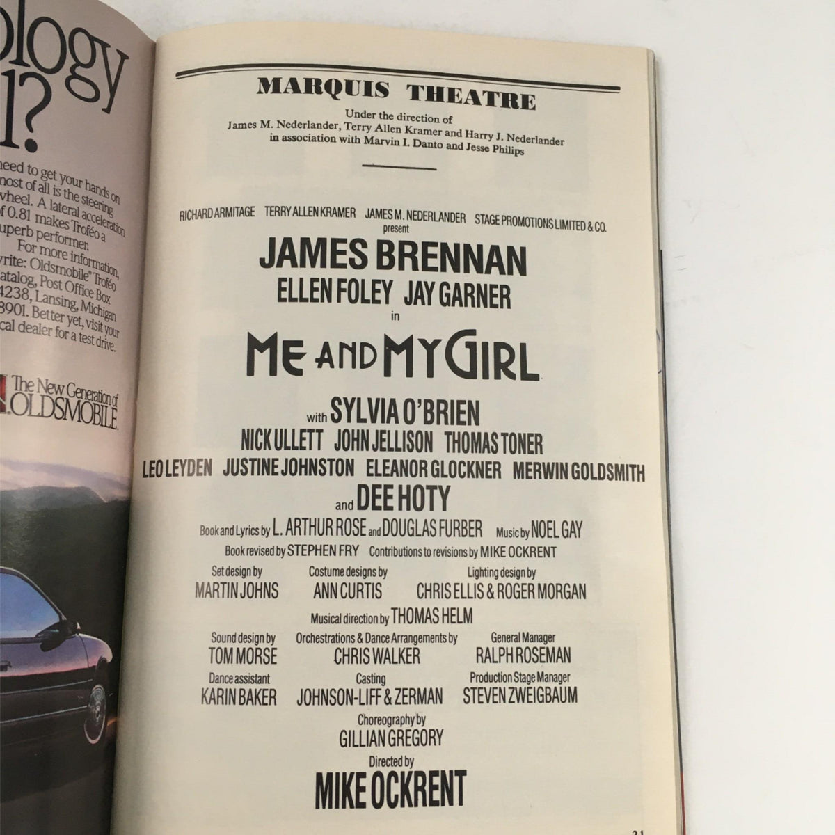 Title page of the 1989 Playbill for 'Me and My Girl' at Marquis Theatre, showcasing the cast and creative team including James Brennan, Mike Ockrent, and Sylvia O'Brien.