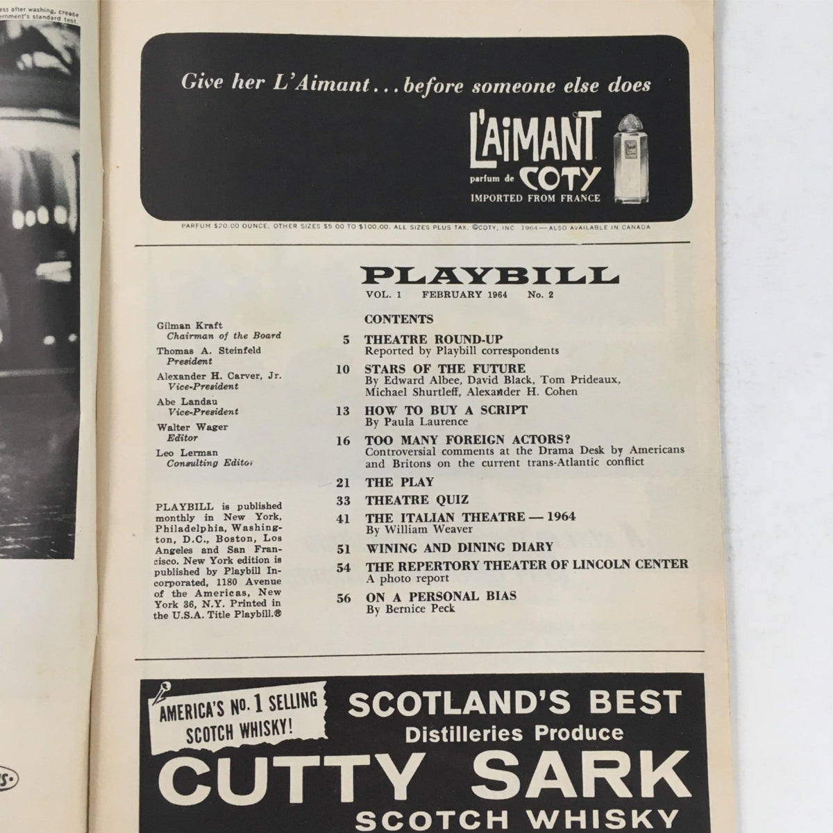 Inside page of the 1964 Playbill for Luther, showcasing the table of contents and advertisements relevant to the theater community.