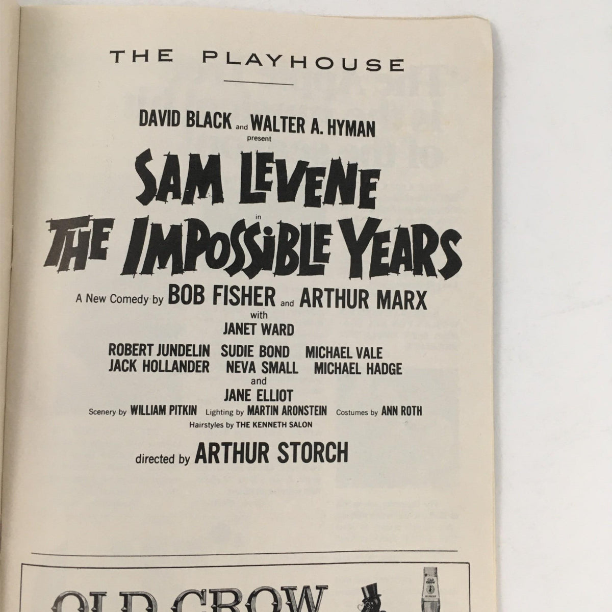 Details from the 1967 Playbill for The Impossible Years, displaying cast and crew information, set in The Playhouse.