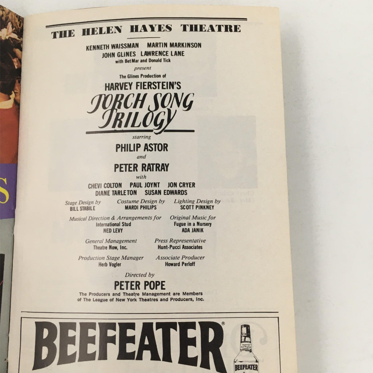 Inside page of the 1983 Playbill for 'Torch Song Trilogy' featuring cast and crew details, including performances by Philip Astor and Peter Pope at The Helen Hayes Theatre.