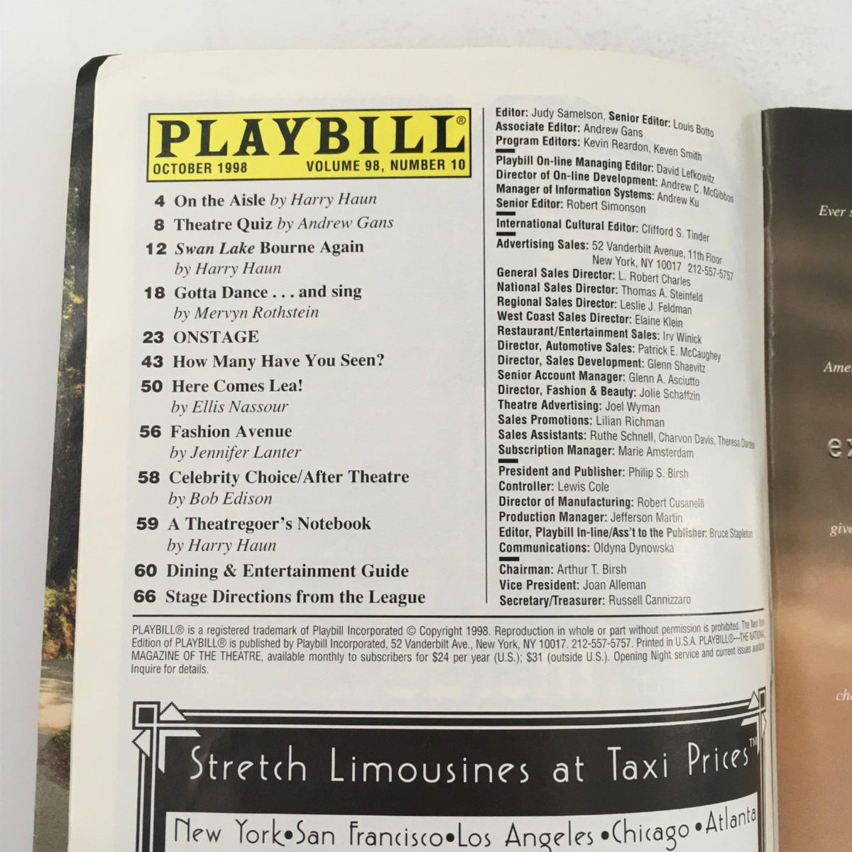 Inside page of the 1998 Playbill Titanic, detailing the contents and listing the editor and director.