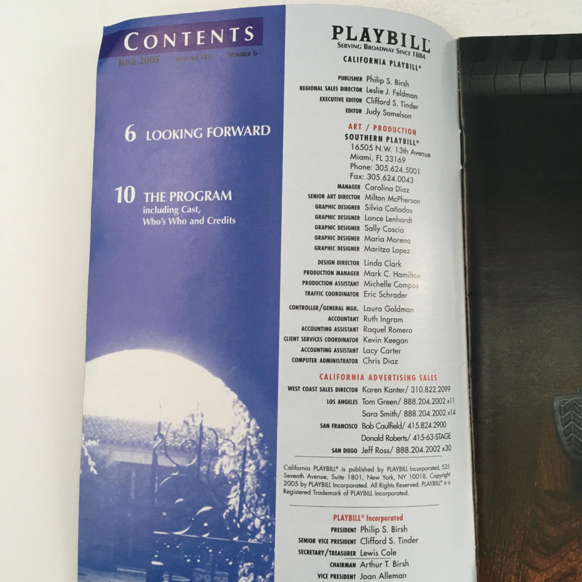 Interior page of the 2005 Playbill for 'I Am My Own Wife', displaying the contents section, including information on the program and credits, highlighting the theatrical production.