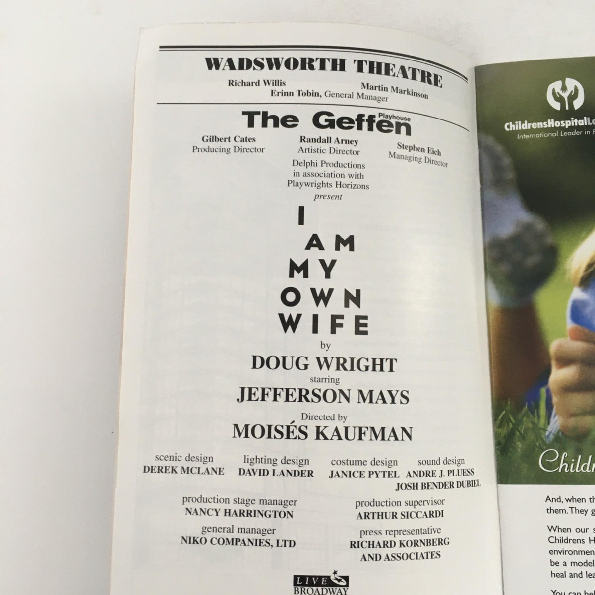 2005 Playbill for 'I Am My Own Wife' by Doug Wright, directed by Moises Kaufman at the Wadsworth Theatre, featuring details of the production including cast and crew information.