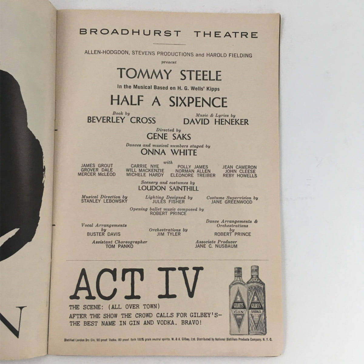 1965 Playbill for Half A Sixpence at Broadhurst Theatre, featuring details about the cast including Tommy Steele, Beverley Cross, and Gene Saks.